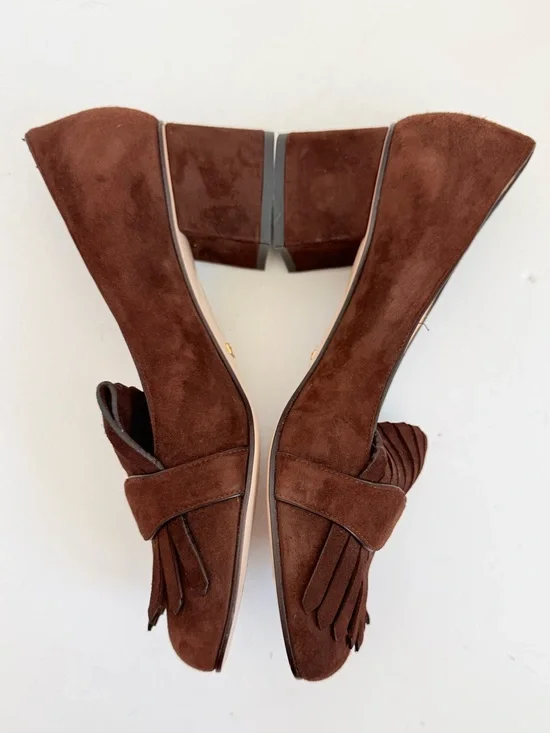 Gucci Dark Chocolate Brown Marmont GG fringe 55mm block heel Loafer pumps EU38.5 - Picture 5 of 11
